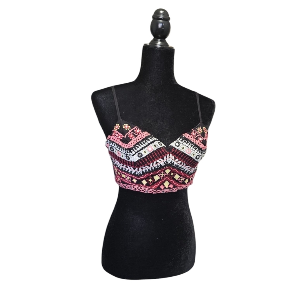 GUESS Pink Black Embroidered Cropped Top M - Picture 5 of 10